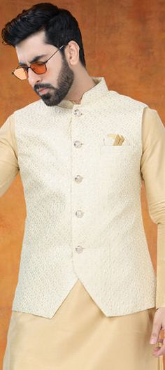 Gold color Nehru Jacket in Silk fabric with Printed work Luxury Art Silk Nehru Jacket In Bollywood Style, Luxury Art Silk Nehru Jacket For Transitional Season, Luxury Gold Brocade Nehru Jacket, Luxury Cream Raw Silk Nehru Jacket, Luxury Raw Silk Nehru Jacket For Formal Events, Festive Luxury Art Silk Nehru Jacket, Luxury Raw Silk Nehru Jacket For Formal Occasions, Luxury Gold Nehru Jacket, Elegant Style, Engagement Reception