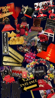 a collage of various items that include signs, posters and other things to be seen