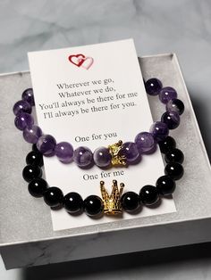 "Matching set of gemstone bracelets for couples, friends, or family Remind yourself of the special relationships you have with those that you adore with these couples/distance bracelets. Each set comes in a complimentary gift box with a note that reads: \"Wherever we go, Whatever we do, You'll always be there for me I'll always be there for you. One for you One for me\" Bracelets are made with 8mm AAA grade quality stone beads and include a magnetic bead to attach to one another  Gold plated King and queen crowns Available in several sizes.  Measure your wrist by wrapping a fabric tape measure around.  The number of inches is the size you want to order Every bracelet is personally hand made by me.  Nothing factory mass produced Find more selections in my shop: essentialjewels2022.etsy.com Spiritual Black Jewelry For Promise, Couples' Black Promise Bracelets, Black Bracelet Jewelry For Best Friend Gift, Black Promise Bracelets For Valentine's Day, Black Spiritual Jewelry For Valentine's Day, Spiritual Black Jewelry For Valentine's Day, Black Spiritual Crystal Bracelet As Gift, Spiritual Black Crystal Bracelet As A Gift, Spiritual Black Crystal Bracelet Gift