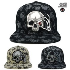 Thank you for shopping - JLGUSA SKULL Features New Skull Snapback Hat Cap New with Tag / Sticker Allover Printed Skulls background with a 3D Embroidery Skull Across the Front Panel Crown. Skull name Back Embroidery. Skull all over Printed on top of the Bill. All logos and letters on crown embroidered, stitched on  100% Cotton | Flat Bill Contrasting button and grommet ventilation Adult size adjustable with plastic snap back GREAT VALUE - WITH FAST SHIPPING All Hats are shipped in a BOX Adjustable Skull Print Baseball Cap, Casual Snapback Baseball Cap With Skull Print, Skull Print Cap One Size, Skull Print Cap One Size Fits Most, Casual Skull Print Snapback Baseball Cap, Black Skull Baseball Cap For Streetwear, Adjustable Snapback Baseball Cap With Skull Print, Casual Adjustable Trucker Hat With Skull Design, Adjustable Black Baseball Cap With Skull Print