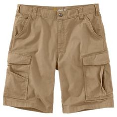 Carry it all with ease in the Carhartt\u00ae Rugged Flex\u00ae Rigby Cargo Shorts for Men. Featuring Rugged Flex durable stretch technology built into the fabric for easy movement, these rugged canvas shorts offer a more flexible fit without sacrificing any toughness. Comfortable yet durable, these Carhartt work shorts sit at the waist and give you plenty of room to move with a relaxed seat and thighs. There are 2 hand pockets, 2 back pockets, a right-leg cargo pocket with secure cell-phone stor Khaki Shorts Outfit, Cargo Shorts For Men, Mens Cargo Shorts, Khaki Shorts Men, Mens Outdoor Clothing, Tan Guys, Rugged Style, Work Shorts