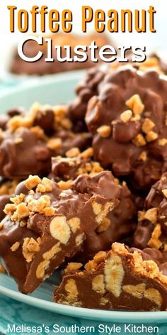 toffee peanut clusters on a plate with text overlay