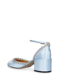 55mm Heel. Satin upper. Adjustable ankle strap with buckle closure. Embellished with crystals. Leather lining and insole. Leather sole Satin Heels, Ankle Strap, Light Blue, Buckle, Satin, Crystals, Heels, Leather, Blue