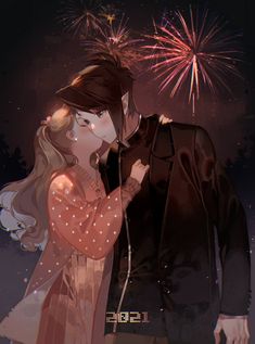 a couple kissing in front of fireworks