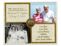 an anniversary card with two photos and the number 50 on it, is displayed in front of a wooden background