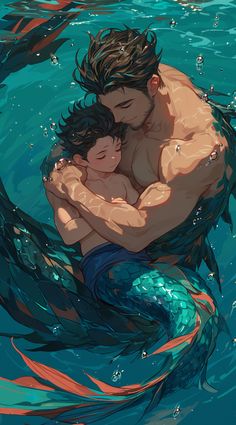 an image of a man hugging a woman in the water with fish around him and under his arm