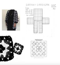 the crochet pattern for granny cardigan is shown in black and white colors