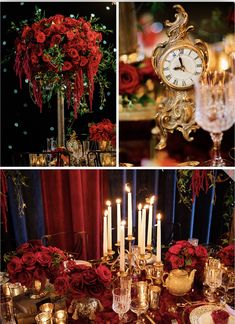 a collage of pictures with candles and flowers on them, including roses in vases