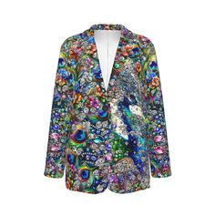 Women's Jeweled Queen Peacock diamond gemstone Blazer - Crystal Print Blazer - Fashion Chic Statement Piece Elevate your wardrobe with this stunning jeweled gemstone blazer! Featuring a captivating crystal print design, this blazer is a true statement piece. Perfect for special occasions or everyday wear, this blazer will add a touch of glamour to any outfit. Key Features: Jeweled peacock gemstone design Crystal print Flat lapel collar Long sleeves Two pockets Regular fit Fabric Details: 100% Po Elegant Multicolor Party Blazer, Crystal Print, Statement Blazer, Crystals Print, Printed Flats, Blazer Women, Peacock Print, Printed Blazer, Womens Blazers