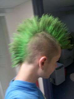 Goth Aesthetic Hair, Aesthetic Hair Styles, Green Mohawk, Leg Scars, Punk Boy, New Halloween Costumes, Punk Pins