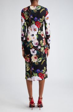 Dolce&Gabbana Floral Print Long Sleeve Charmeuse Sheath Dress | Nordstrom Flower Print Midi Dress, Designer Clothing Brands, Garden Vines, Long Sleeve Cocktail Dress, Dolce Gabbana Dress, Floral Sheath Dress, Silk Print Dress, Midi Sheath Dress, Black Sheath Dress