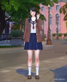 a girl in a school uniform is standing on the sidewalk with her hand up to her face