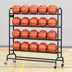 a rack with basketballs and balls on it