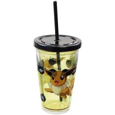 a yellow cup with a black lid and a pokemon character on it