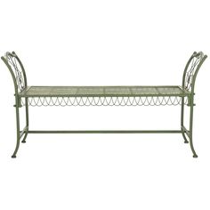 a green metal bench sitting on top of a white wall