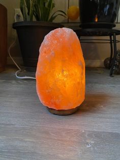 an orange rock sitting on top of a wooden table next to a potted plant