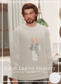 a man wearing a sweater with a teddy bear on it and the caption reads, raph lauren sweater growing together recour