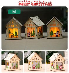 four different views of small houses with christmas lights on them