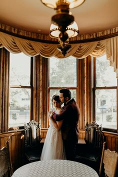 a bride and groom standing in front of a window