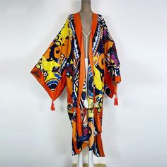 One Size fits S-4X Length: 58 inches Material: Poly Twill (a smooth, durable and medium weight fabric. Slightly lustrous and very elegant as it flows gracefully) Cheap Multicolor One-size Kimono, Luxury Orange Women's Kimono, Plus Size Orange Kimono, White Mesh Dress, Long Kimono Dress, Harajuku Grunge, High Waisted Pants Outfit, Womens Wrap Dress, Beach Tunic