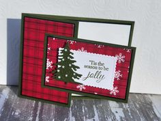 a red and green christmas card with a tree on it