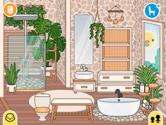 a cartoon bathroom with plants and potted plants