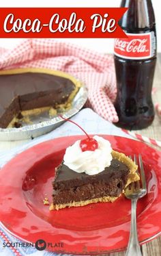 a slice of chocolate pie on a red plate with a coke bottle in the background