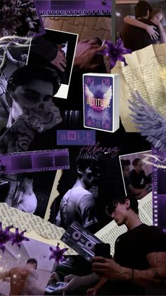 a collage of photos with purple and black accents