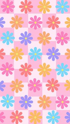 colorful flowers on pink and white checkered background