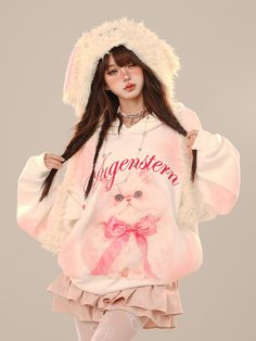 Step into the world of kawaii fashion with our adorable Kitty Bow Hoodie! This charming piece features a cute kitty adorned with a delicate bow, surrounded by playful letter patterns. Crafted for comfort and style, this hoodie is perfect for adding a touch of whimsy to your everyday look.Embrace your inner kawaii with this irresistible addition to your wardrobe!  Please note, the price includes only one hoodie.   	 		 			Size 			S 			M 			L 		 		 			Length 			68 			70 			74 		 		 			Shoulders Pink Kawaii Hoodie Top, Spring Harajuku Hoodie With Cartoon Print, Kawaii Pink Crew Neck Hoodie, Pink Hooded Kawaii Tops, Pink Kawaii Hooded Top, Pink Kawaii Hoodie With Letter Print, Spring Harajuku Sweatshirt With Cartoon Print, Cute Winter Hoodie, Spring Kawaii Sweatshirt With Cartoon Print