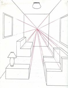 a drawing of a room with red lines going through it