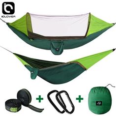 two hammocks with straps and accessories for camping, one is green and the other is white