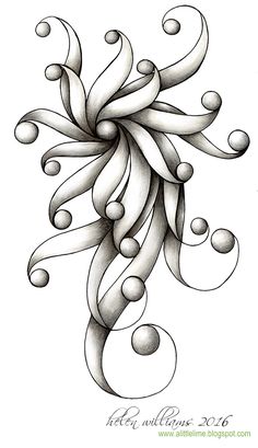 a drawing of an abstract flower with bubbles in the center and swirls around it