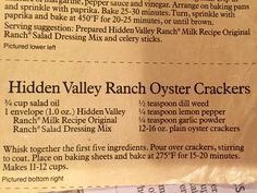 a recipe for hidden valley ranch oyster crackers is shown in the menu section of this restaurant