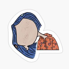 a drawing of a woman with blue hair and an orange shirt on her head sticker