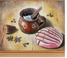 a painting of some food on a wooden table next to a cup of coffee and cinnamons