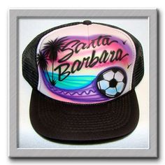 Airbrushed Trucker Hat *  Soccer Beach Scene * You Choose Wording by FreshAirShirts on Etsy White 5-panel Baseball Cap For Beach, Customizable White Flat Brim Trucker Hat, White Customizable Baseball Cap With Flat Brim, White Fun Snapback Hat With Flat Bill, Fun White Snapback Hat With Flat Bill, White Fun Snapback Hat For Sports Events, Fun White Snapback Hat For Sports Events, Customizable White Snapback Hat For Sports, Customizable White Baseball Cap For Sports