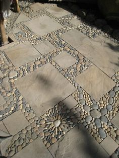 a dog is standing in the middle of a stone walkway that has intricate designs on it