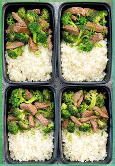 four trays filled with rice and broccoli on top of eachother