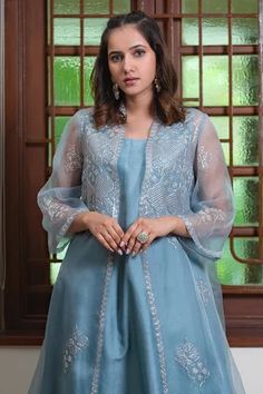 Shop for Maliha by Anar and Anoli Blue Kasab Embroidered Jacket Kurta Set for Women Online at Aza Fashions Blue Formal Outerwear For Eid, Elegant Blue Outerwear For Eid, Elegant Blue Designer Outerwear, Blue Bollywood Kurta With Cutdana Details, Embellished Fitted Organza Kurta, Elegant Blue Kurta With Cutdana Details, Blue Floor-length Kurta With Cutdana, Blue Silk Kurta With Cutdana Detailing, Sleeveless Kurta