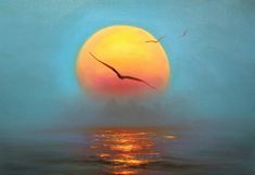 a painting of a bird flying over the ocean at sunset with fog and sun reflecting off the water