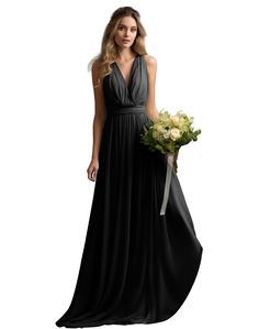 a woman in a long black dress holding a bouquet