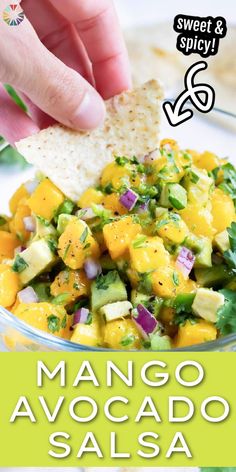 mango avocado salsa in a glass bowl with tortilla chips