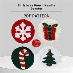 four christmas punch needle coasters with different designs