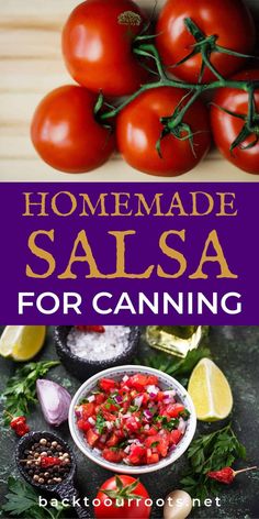 homemade salsa for canning with tomatoes, onions and parsley in the background text reads homemade salsa for canning