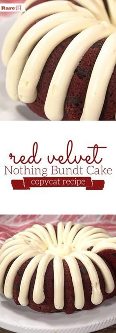 a red velvet bundt cake with white icing on top and the words red velvet notting bundt cake below it