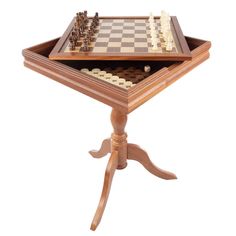 a wooden chess set on top of a table