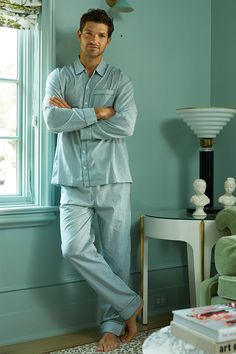 The Men's Poplin Pajama Set in Evergreen, a narrow green-and-white stripe, features a collared nightshirt and pants with an elastic waistband, drawstring tie, and pockets. Made of 100% cotton poplin. Nightwear Outfits Men, Men’s Pajamas, Christmas Pajamas Men, Pajama Photoshoot, Robes Men, Men Pose, Men Sleepwear, Pajamas Men, Lake Pajamas