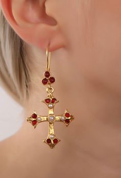 Handmade cross earrigs  22 k gold plated  Bronze  Natural stone Elegant Pierced Cross Jewelry, Elegant Pierced Cross Earrings, Gold Cross Pendant Earrings As Gift, Gold Cross Pendant Earrings For Gift, Elegant Cross Pendant Earrings, Gold Cross-shaped Pierced Earrings, Yellow Gold Cross Earrings For Pierced Ears, Byzantine Cross Jewelry For Gift, Byzantine Cross Jewelry Gift