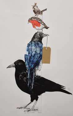 two birds sitting on top of each other with tags in their beaks and one bird holding a sign that says sue brown just finished this new collage, king of the birds